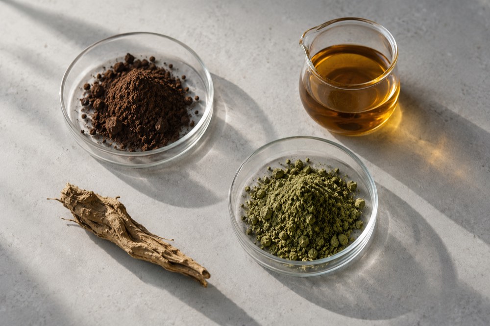 Illustrative still life of botanical powders, a dried root, and amber liquid in glass vessels
