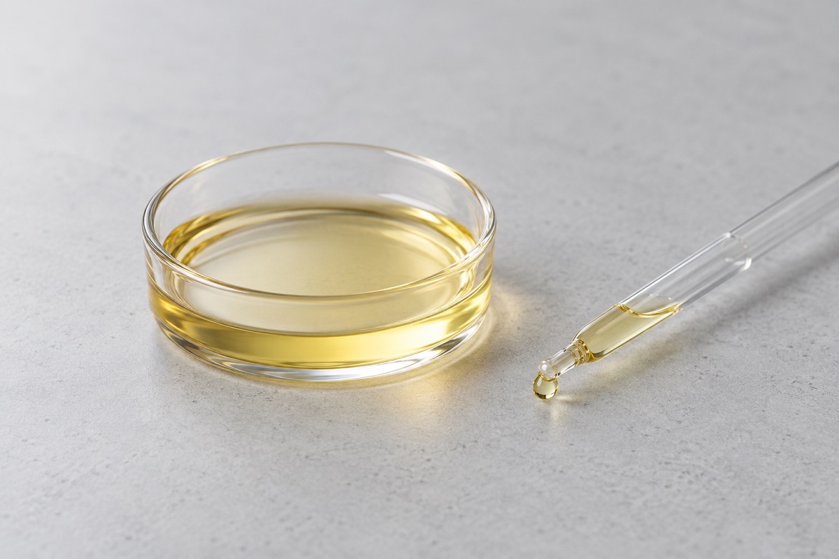 Illustrative study: Pale golden oil in a glass sample dish beside a clear pipette; not an actual GCI product photograph.