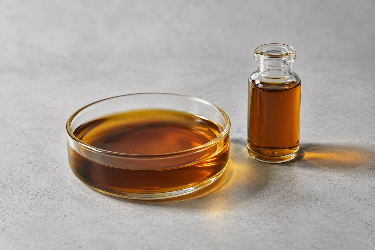 Illustrative study: Amber liquid in a glass dish and vial; not an actual GCI product photograph.