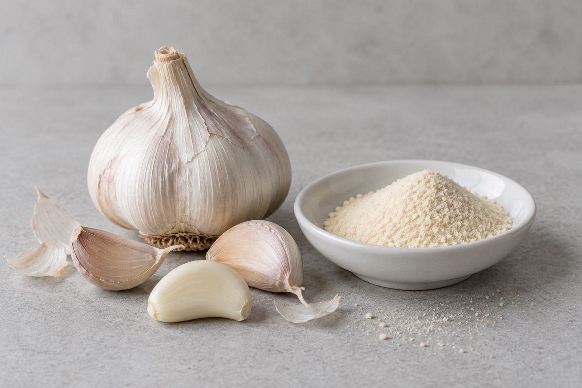 Illustrative study: An ivory garlic bulb, loose cloves and a dish of cream powder; not an actual GCI product photograph.