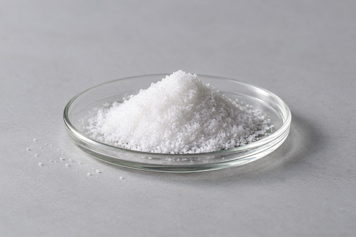 Illustrative study: White crystalline powder in a clear glass watch dish; not an actual GCI product photograph.