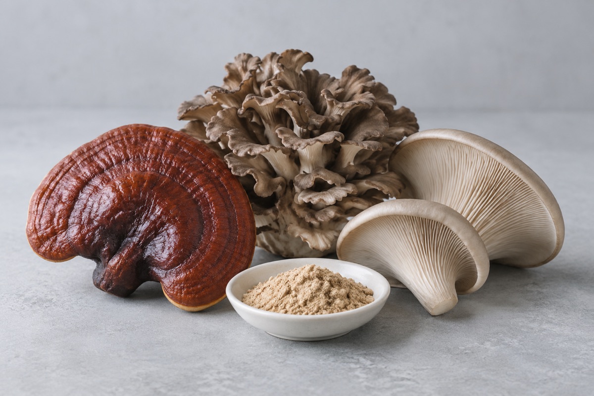 Illustrative study: Reishi, maitake and oyster mushrooms beside a dish of tan powder; not an actual GCI product photograph.