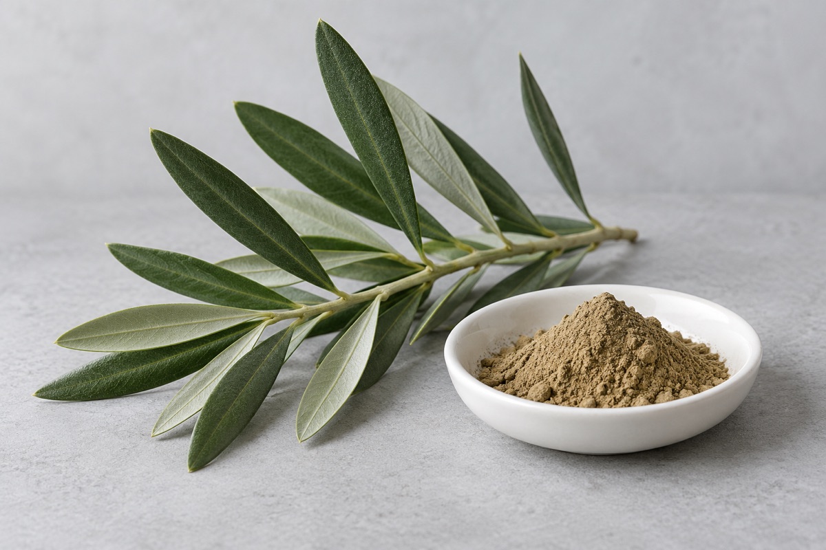 Illustrative study: A gray-green olive leaf branch beside tan botanical powder; not an actual GCI product photograph.