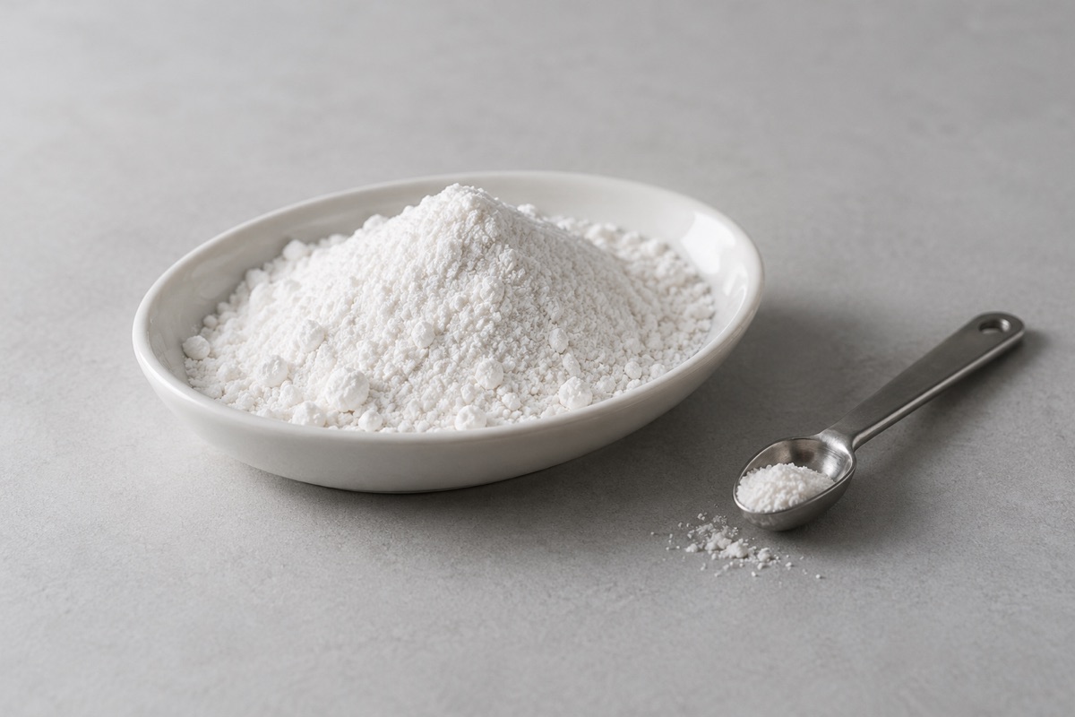 Illustrative study: Fine white powder in an oval dish beside a small steel scoop; not an actual GCI product photograph.