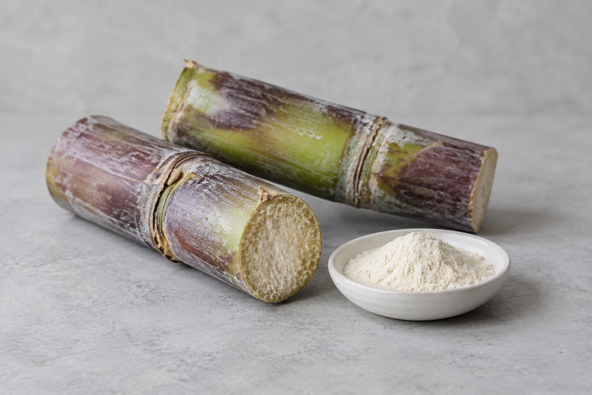 Illustrative study: Cut sugarcane stalks beside a dish of off-white powder; not an actual GCI product photograph.