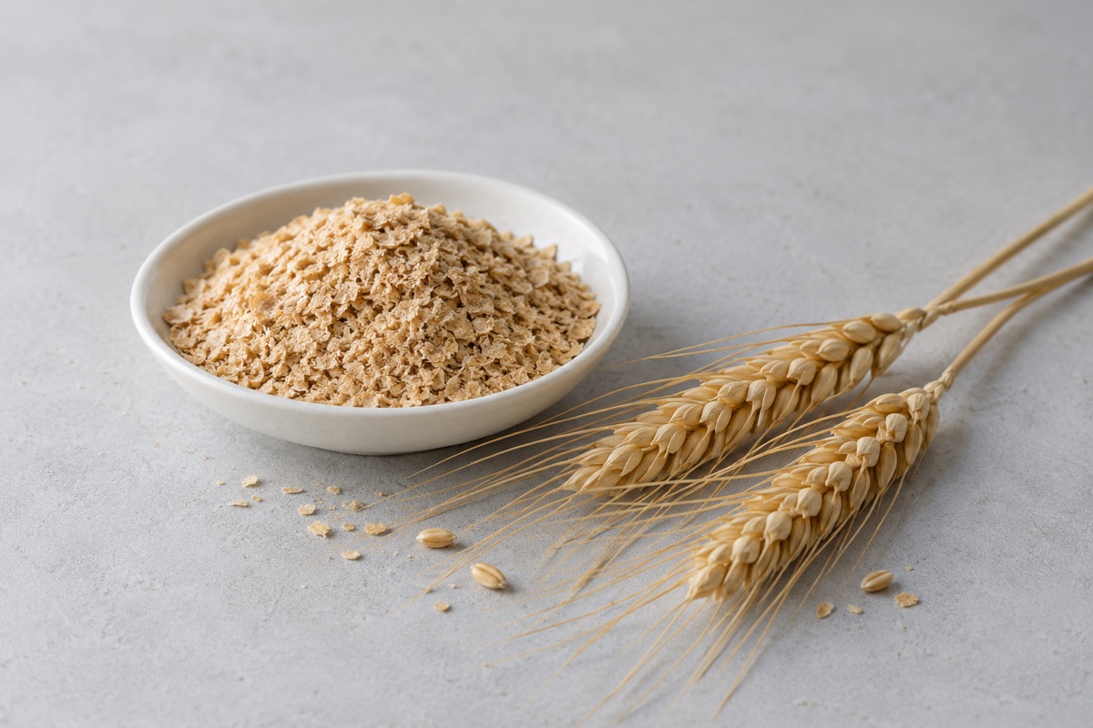 Illustrative study: Golden wheat ears beside wheat germ flakes in a white dish; not an actual GCI product photograph.