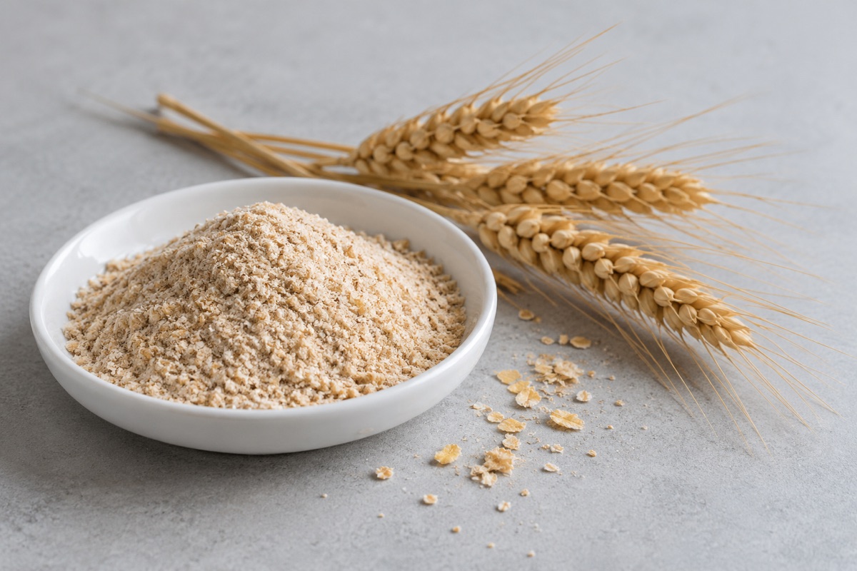 Illustrative study: Ripe wheat ears beside a dish of beige powder and wheat germ flakes; not an actual GCI product photograph.